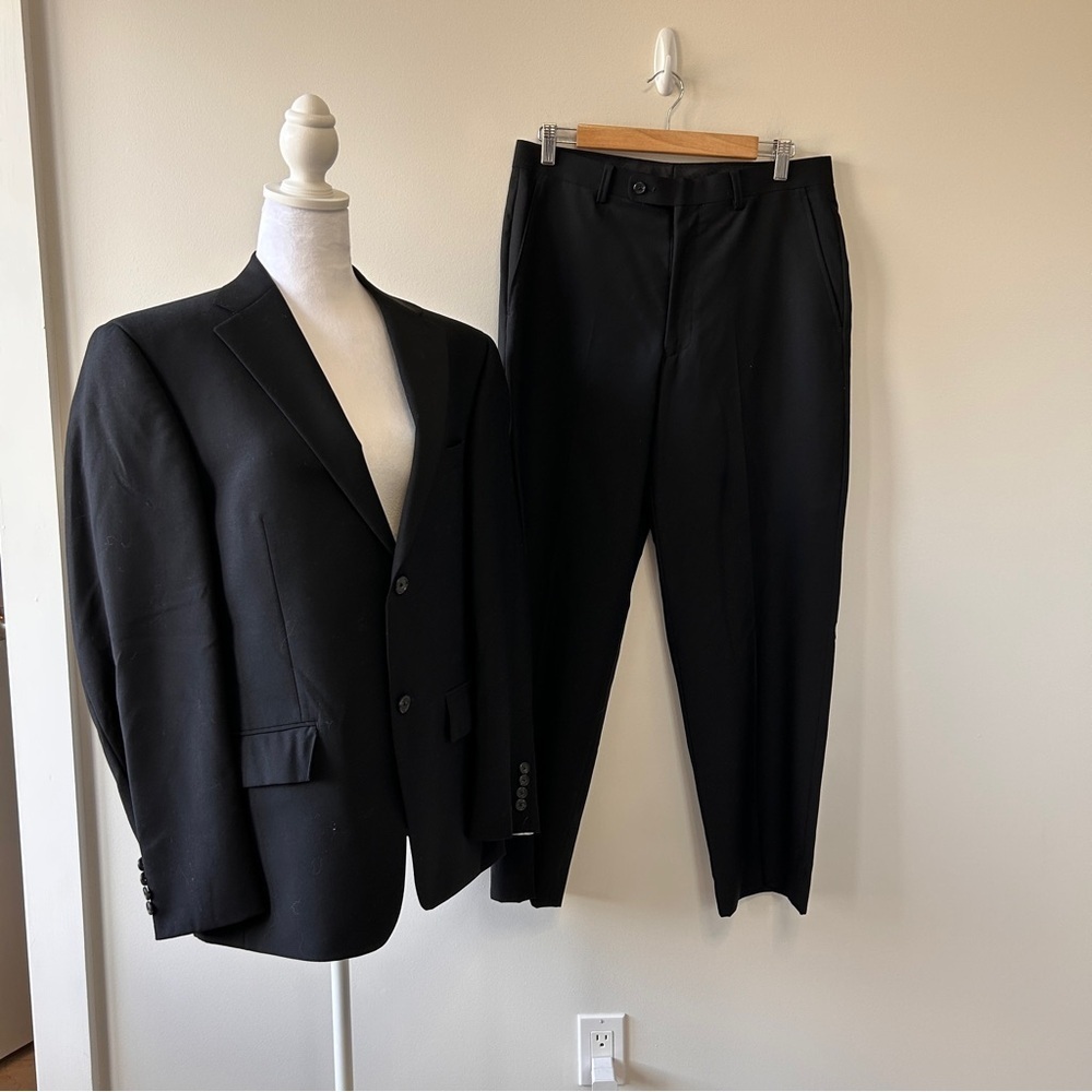 Perry Ellis Men’s 2 Piece Suit 38 Short Blazer & 32R Pants Black Wool Event - Picture 2 of 16
